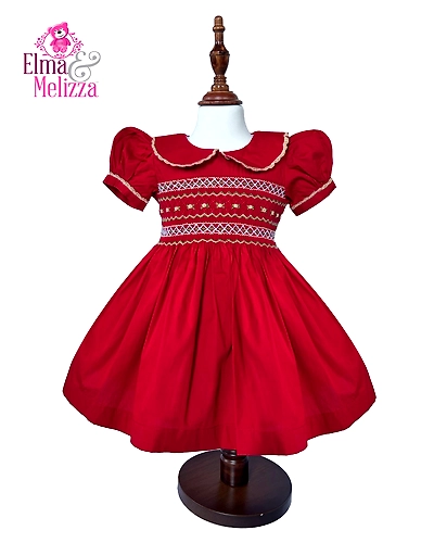 Christmas Red Hand Smocked Hand Embroidered Baby Girl Dress with White Floral Details for Holidays, Birthdays &amp; Festive Occasions-EM0012D4