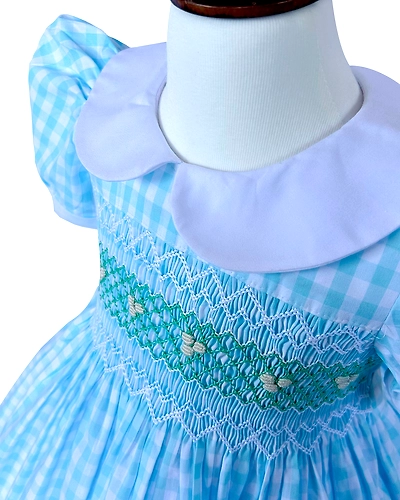 Blue &amp; White Gingham Cotton Hand Smocked Hand Embroidered Baby Girl Dress for Weddings, Birthdays &amp; Special Family Celebrations-1 - 2 Years-1