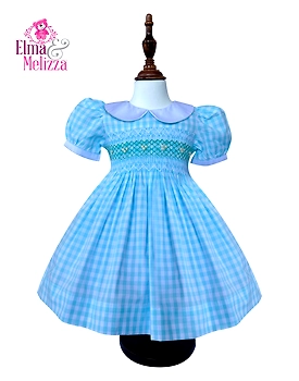 Blue & White Gingham Cotton Hand Smocked Hand Embroidered Baby Girl Dress for Weddings, Birthdays & Special Family Celebrations