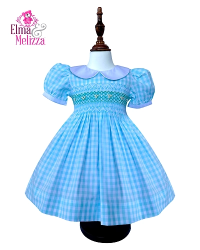 Blue &amp; White Gingham Cotton Hand Smocked Hand Embroidered Baby Girl Dress for Weddings, Birthdays &amp; Special Family Celebrations-EM0102D15