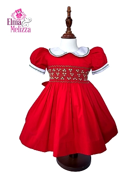 Christmas Red Hand Smocked Hand Embroidered Baby Girl Dress with White Floral Accents for Birthdays, Weddings & Festive Photoshoots