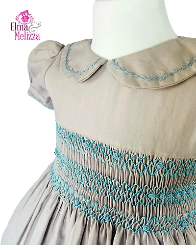 Stone Gray Hand Smocked Hand Embroidered Baby Girl Dress for Weddings, Birthdays, Family Gatherings &amp; Timeless Photoshoot Moments-1 - 2 Years-1