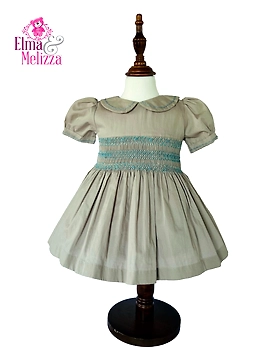 Stone Gray Hand Smocked Hand Embroidered Baby Girl Dress for Weddings, Birthdays, Family Gatherings & Timeless Photoshoot Moments