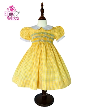 Baby Yellow & White Checked Hand Smocked Hand Embroidered Baby Girl Dress with Peter Pan Collar for Birthdays, Weddings & Photoshoots