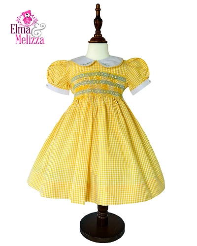 Baby Yellow &amp; White Checked Hand Smocked Hand Embroidered Baby Girl Dress with Peter Pan Collar for Birthdays, Weddings &amp; Photoshoots-EM0012D33