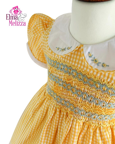 Baby Yellow &amp; White Checked Hand Smocked Hand Embroidered Baby Girl Dress with Peter Pan Collar for Birthdays, Weddings &amp; Photoshoots-0 - 12 Months-1
