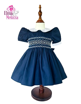 Midnight Blue Hand Smocked Hand Embroidered Baby Girl Dress with Blue Floral Accents for Weddings, Birthdays & Special Celebrations