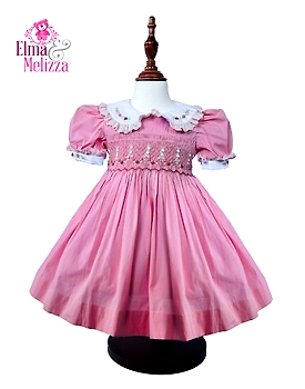 Blush Pink Solid Hand Smocked Hand Embroidered Baby Girl Dress with Floral Details for Birthdays, Weddings & Special Celebrations
