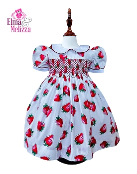 Strawberry Hand Smocked Hand Embroidered Baby Girl Dress with Peter Pan Collar for Birthdays, Weddings & Photoshoots