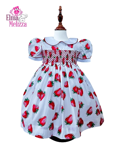 Strawberry Hand Smocked Hand Embroidered Baby Girl Dress with Peter Pan Collar for Birthdays, Weddings &amp; Photoshoots-EM0102D14