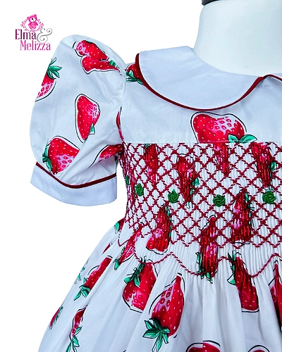 Strawberry Hand Smocked Hand Embroidered Baby Girl Dress with Peter Pan Collar for Birthdays, Weddings &amp; Photoshoots-1 - 2 Years-1
