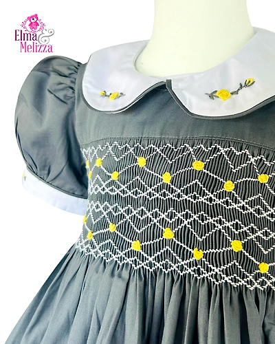 Dark Gray Hand Smocked Hand Embroidered Baby Girl Dress with Yellow Floral Details for Weddings, Birthdays &amp; Elegant Photoshoots-4 - 5 Years-1