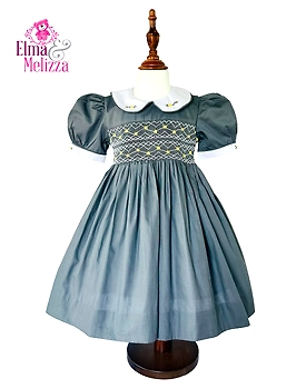 Dark Gray Hand Smocked Hand Embroidered Baby Girl Dress with Yellow Floral Details for Weddings, Birthdays & Elegant Photoshoots