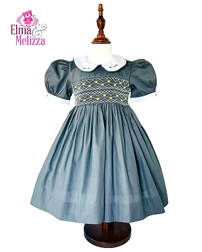 Dark Gray Hand Smocked Hand Embroidered Baby Girl Dress with Yellow Floral Details for Weddings, Birthdays &amp; Elegant Photoshoots-EM0405D24