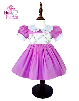 Orchid Purple Hand Smocked Hand Embroidered Baby Girl Dress with Floral Lace for Weddings, Birthdays & Special Occasions