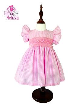 Baby Pink Gingham Hand Smocked Hand Embroidered Baby Girl Dress with Pink Floral Details for Birthdays, Photoshoots & Celebrations