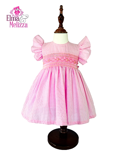 Baby Pink Gingham Hand Smocked Hand Embroidered Baby Girl Dress with Pink Floral Details for Birthdays, Photoshoots &amp; Celebrations-EM0012D32