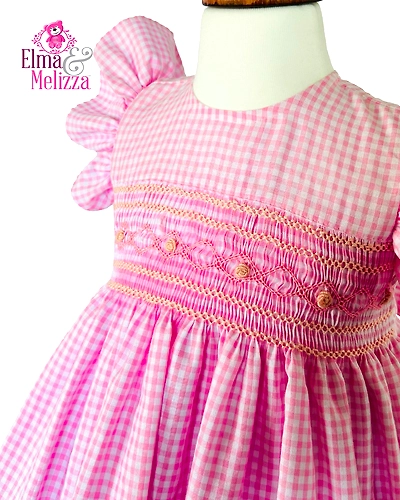 Baby Pink Gingham Hand Smocked Hand Embroidered Baby Girl Dress with Pink Floral Details for Birthdays, Photoshoots &amp; Celebrations-0 - 12 Months-1
