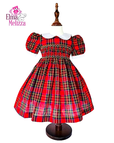 Scottish Tartan Red Hand Smocked Hand Embroidered Baby Girl Dress with White Flowers for Birthdays, Holidays &amp; Special Celebrations-EM0304D7