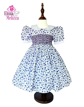 Blue and Purple Floral Hand Smocked Hand Embroidered Baby Girl Dress for Weddings, Birthdays, Photoshoots & Special Events