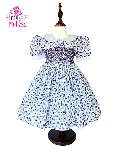 Blue and Purple Floral Hand Smocked Hand Embroidered Baby Girl Dress for Weddings, Birthdays, Photoshoots &amp; Special Events-EM0102D20