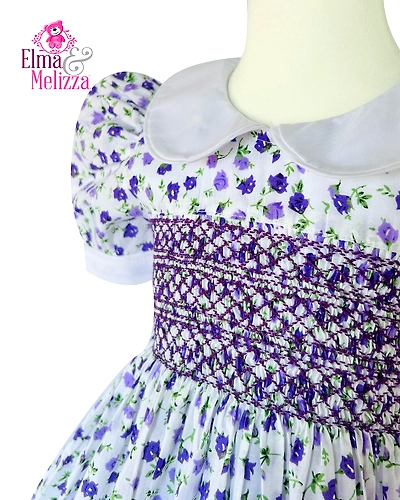 Blue and Purple Floral Hand Smocked Hand Embroidered Baby Girl Dress for Weddings, Birthdays, Photoshoots &amp; Special Events-1 - 2 Years-1