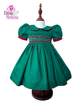 Forest Green Solid Hand Smocked Hand Embroidered Baby Girl Dress with Red Floral Detail for Holidays, Birthdays & Family Celebrations
