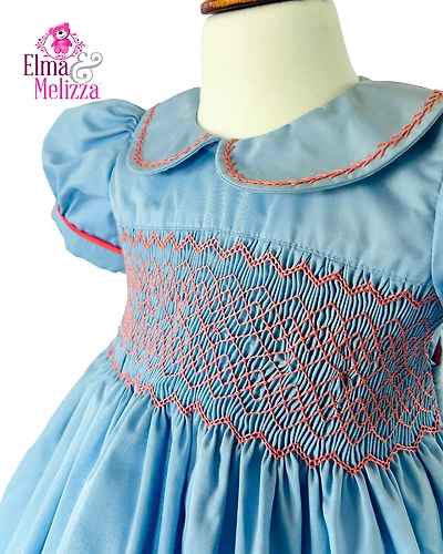 Sky Blue Solid Hand Smocked Hand Embroidered Baby Girl Dress with Red Stitch Detail for Birthdays, Weddings &amp; Festive Photoshoots-1 - 2 Years-1