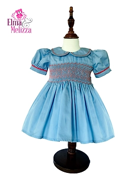 Sky Blue Solid Hand Smocked Hand Embroidered Baby Girl Dress with Red Stitch Detail for Birthdays, Weddings & Festive Photoshoots