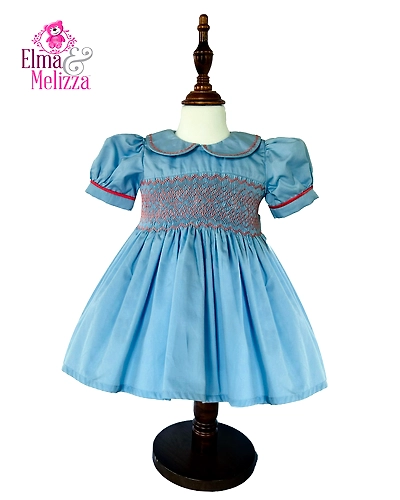 Sky Blue Solid Hand Smocked Hand Embroidered Baby Girl Dress with Red Stitch Detail for Birthdays, Weddings &amp; Festive Photoshoots-EM0102D12
