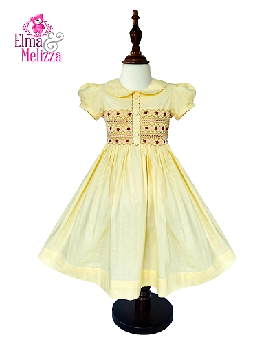 Butter Yellow Hand-Smocked Baby Girl Dress with Delicate Hand Embroidery: Ideal for Celebrations &amp; Special Occasions-EM0506D28
