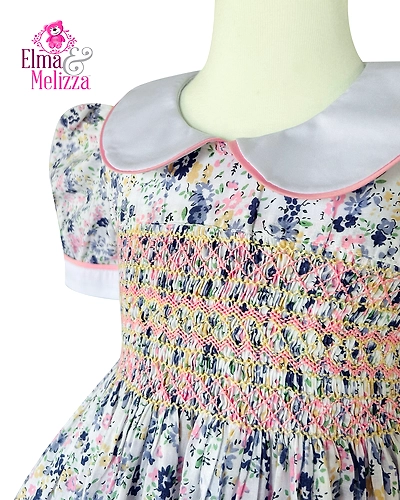 Blue &amp; Pink Floral White Cotton Hand Smocked Hand Embroidered Baby Girl Dress for Weddings, Birthdays &amp; Holiday Photoshoots-1 - 2 Years-1