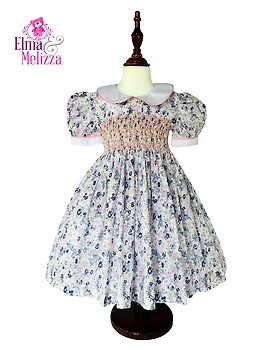 Blue & Pink Floral White Cotton Hand Smocked Hand Embroidered Baby Girl Dress for Weddings, Birthdays & Holiday Photoshoots