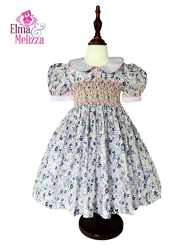 Blue &amp; Pink Floral White Cotton Hand Smocked Hand Embroidered Baby Girl Dress for Weddings, Birthdays &amp; Holiday Photoshoots-EM0102D13
