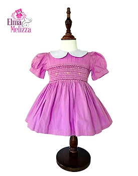 Orchid Purple Hand Smocked Hand Embroidered Baby Girl Dress with Light Purple Floral Accents for Weddings, Birthdays & Photoshoots