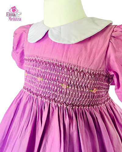 Orchid Purple Hand Smocked Hand Embroidered Baby Girl Dress with Light Purple Floral Accents for Weddings, Birthdays &amp; Photoshoots-0 - 12 Months-1