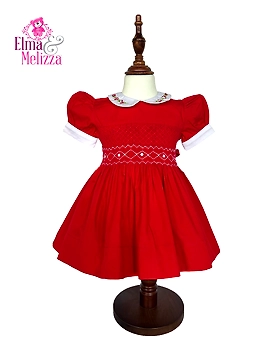 Royale Red Hand Smocked Embroidered Baby Girl Dress with White Rose Accents – Perfect for Weddings, Birthdays & Festive Celebrations