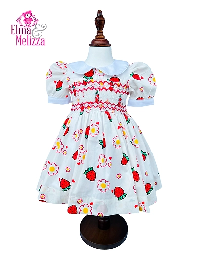 Strawberry Blossom Smocked Dreams: Hand-Embroidered Baby Girl Dress for Sweet Celebrations &amp; Picture-Perfect Days-EM0304D39