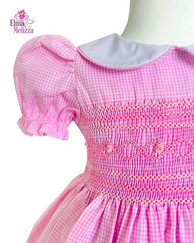 Blossom Pink Gingham Dreams: Hand-Smocked Embroidered Baby Girl Dress for Cherished Moments &amp; Elegant Celebrations-0 - 12 Months-1