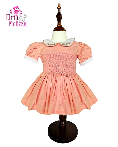 Rosebud Blush Serenity: Hand-Smocked Embroidered Baby Girl Dress for Gentle Celebrations &amp; Cherished Moments-EM0012D5