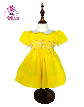 Canary Yellow Hand Smocked Embroidered Baby Girl Dress with Purple Roses – Perfect for Birthdays, Weddings & Memorable Celebrations