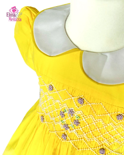 Canary Yellow Hand Smocked Embroidered Baby Girl Dress with Purple Roses – Perfect for Birthdays, Weddings &amp; Memorable Celebrations-0 - 12 Months-1