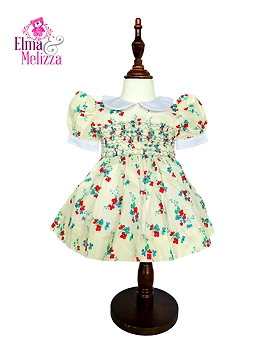 Creamy White Hand Smocked Embroidered Baby Girl Dress with Blue Roses – Perfect for Weddings, Birthdays & Special Family Celebrations