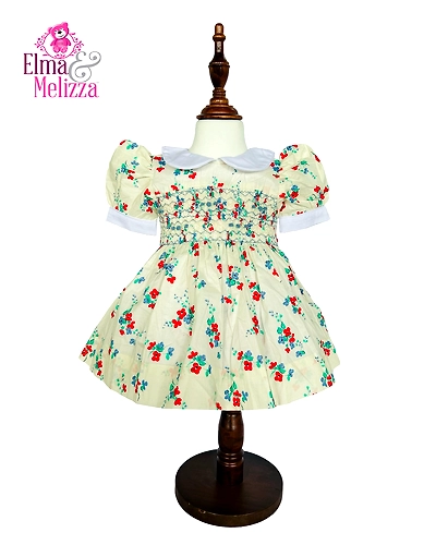 Creamy White Hand Smocked Embroidered Baby Girl Dress with Blue Roses – Perfect for Weddings, Birthdays &amp; Special Family Celebrations-EM0012D10