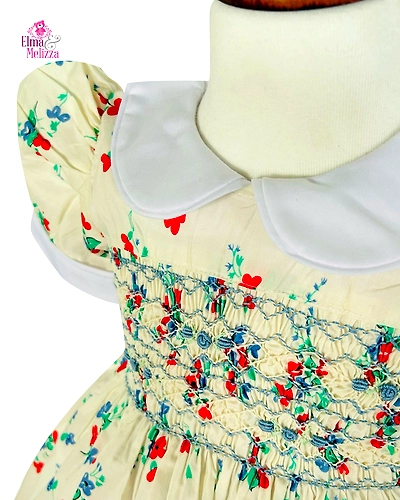 Creamy White Hand Smocked Embroidered Baby Girl Dress with Blue Roses – Perfect for Weddings, Birthdays &amp; Special Family Celebrations-0 - 12 Months-1