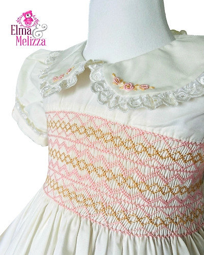Creamy White Hand Smocked Embroidered Baby Girl Dress with Lace Collar – Perfect for Birthdays, Weddings &amp; Special Family Occasions-2 - 3 Years-1