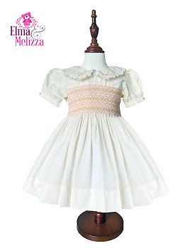 Creamy White Hand Smocked Embroidered Baby Girl Dress with Lace Collar – Perfect for Birthdays, Weddings & Special Family Occasions