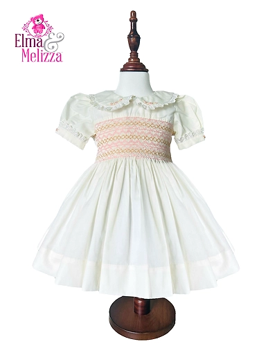Creamy White Hand Smocked Embroidered Baby Girl Dress with Lace Collar – Perfect for Birthdays, Weddings &amp; Special Family Occasions-EM0203D27