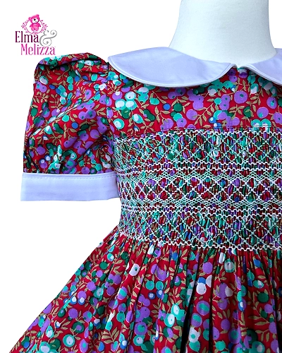 Dark Red Fruit Print Hand Smocked Embroidered Baby Girl Dress with Peter Pan Collar – Perfect for Your Little Princess's Joyful Celebrations-1 - 2 Years-1