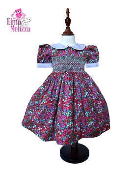 Dark Red Fruit Print Hand Smocked Embroidered Baby Girl Dress with Peter Pan Collar – Perfect for Your Little Princess's Joyful Celebrations